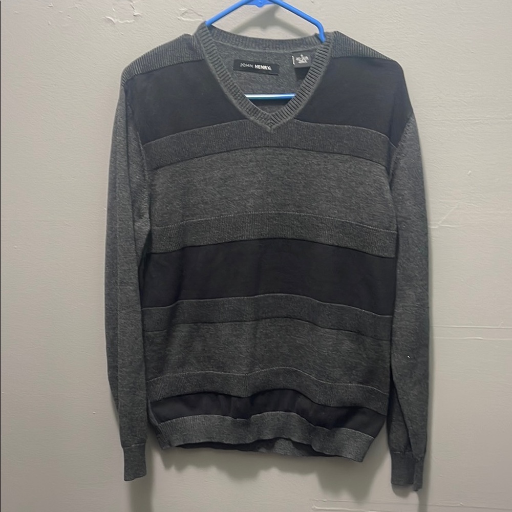 John Henry Mens V-Neck Sweater Gray Black Striped Colorblock Knit Pullover Small